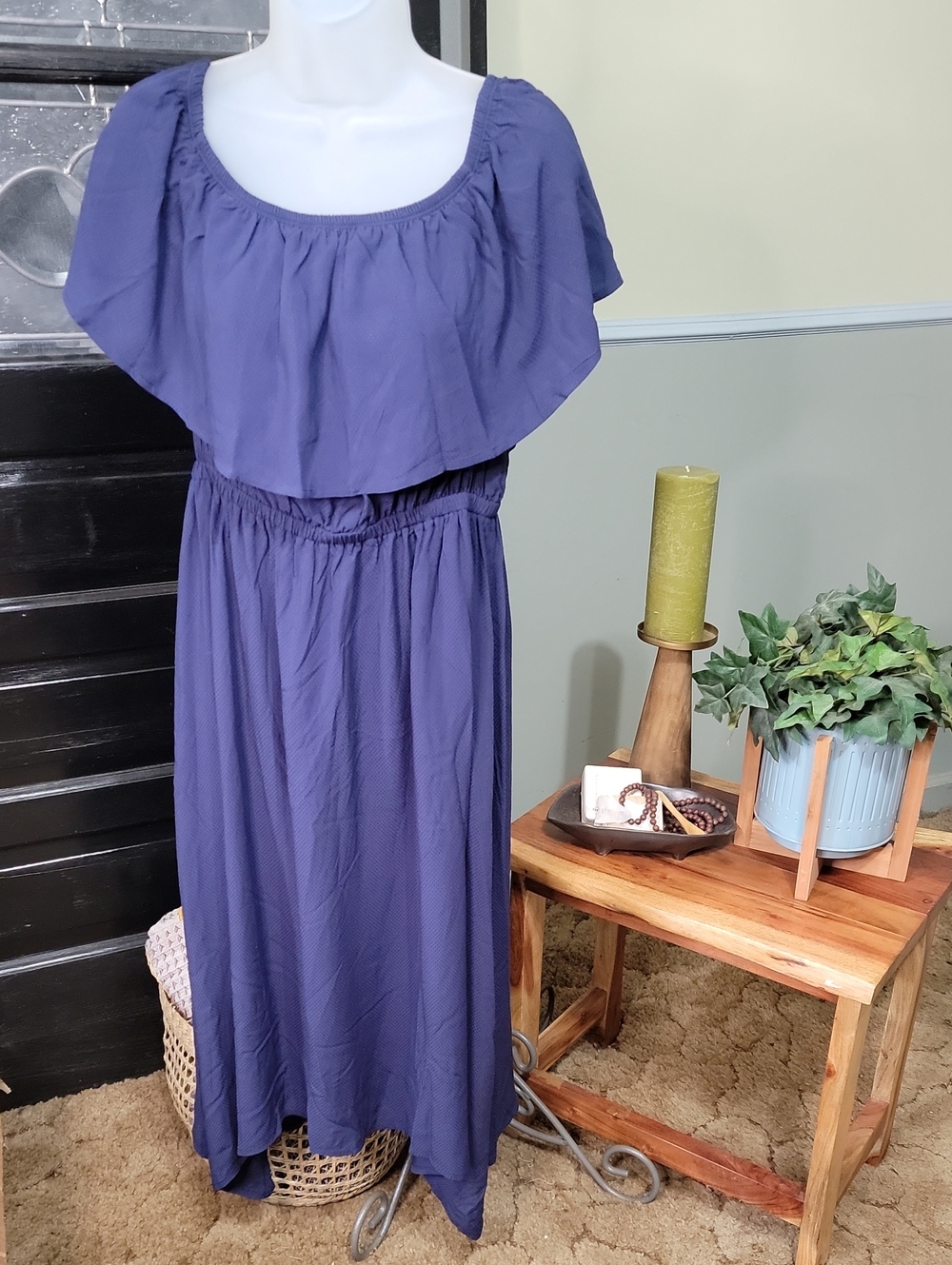 G by Giuliana Navy Shark Bite Hem Dress Small NWOT Elastic Waist Boho Midi